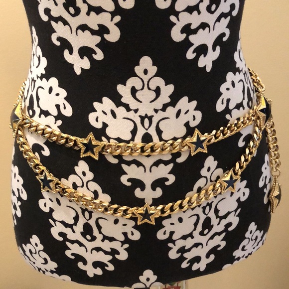 ⭐️ St. John gold chain, black enamel & gold beaded stars double layer 34” belt - Picture 6 of 9